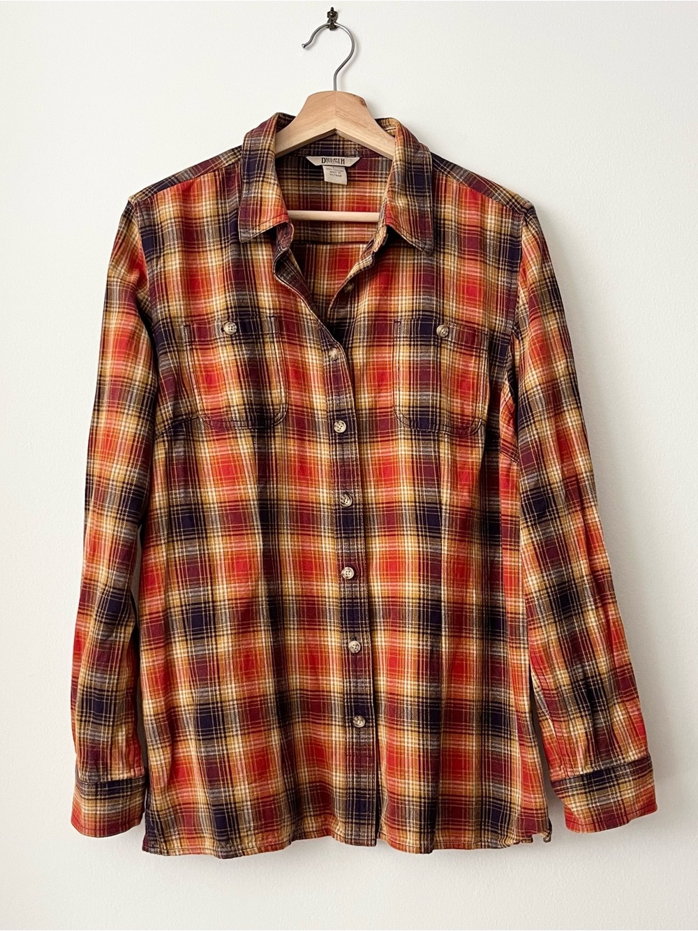 Duluth Trading Co. Women's Free Swingin' Flannel Shirt Orange Plaid Size L